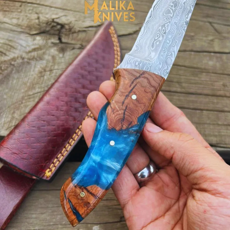 Handmade Damascus Steel Skinner Knife: Your Ultimate Outdoor Companion with Rosewood & Epoxy Resin Handle - RFE Marketing Ventures