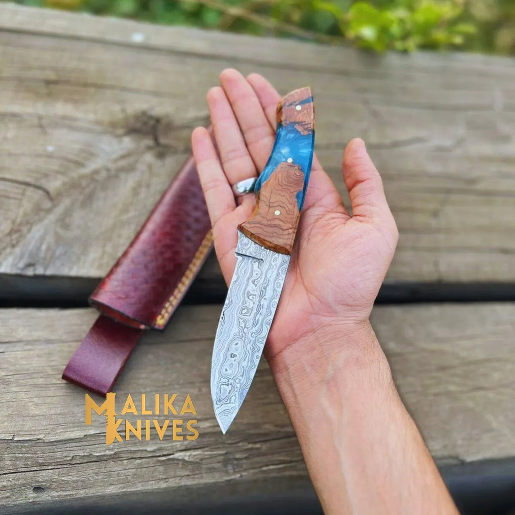 Handmade Damascus Steel Skinner Knife: Your Ultimate Outdoor Companion with Rosewood & Epoxy Resin Handle - RFE Marketing Ventures