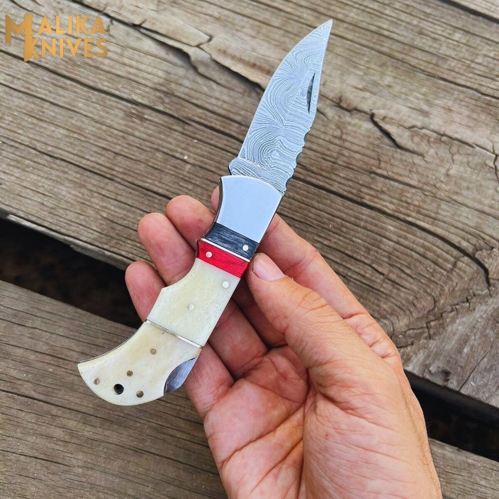 Custom Handmade Folding Knife - Premium Thumb Lock Design with Camel Bone Handle - RFE Marketing Ventures