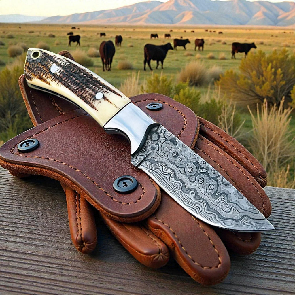 Premium Damascus Cowboy Knife with Antler Handle – Your Essential Ranch Companion - RFE Marketing Ventures