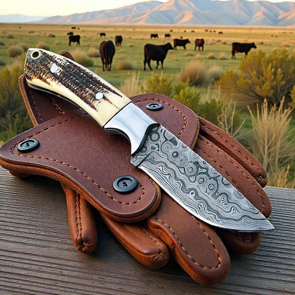 Premium Damascus Cowboy Knife with Antler Handle – Your Essential Ranch Companion - RFE Marketing Ventures