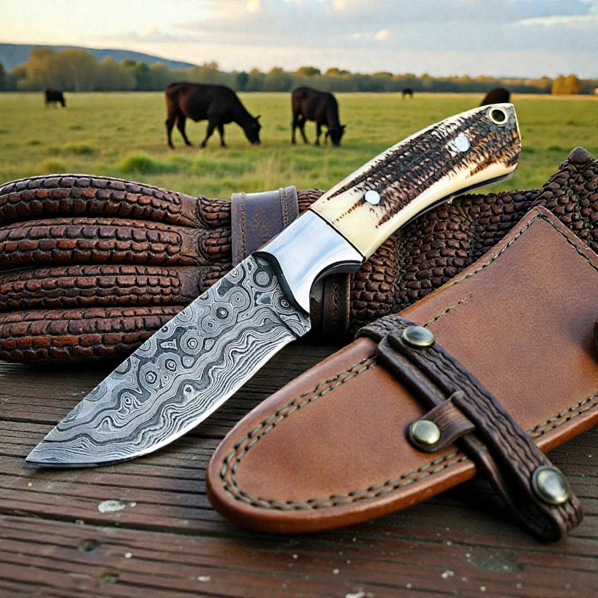 Premium Damascus Cowboy Knife with Antler Handle – Your Essential Ranch Companion - RFE Marketing Ventures