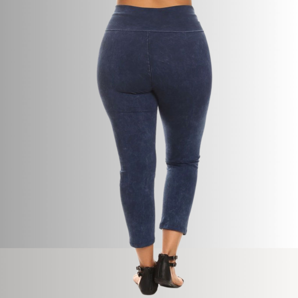 Fold Over Waist Plus Size Mineral Washed Capri Leggings Made in USA