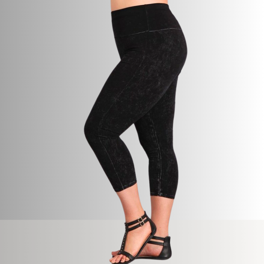 Fold Over Waist Plus Size Mineral Washed Capri Leggings Made in USA