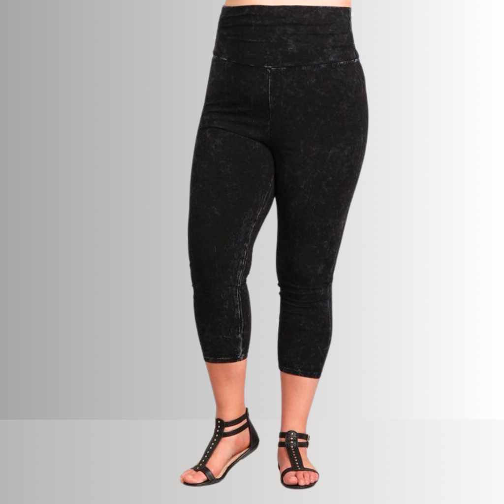 Fold Over Waist Plus Size Mineral Washed Capri Leggings Made in USA