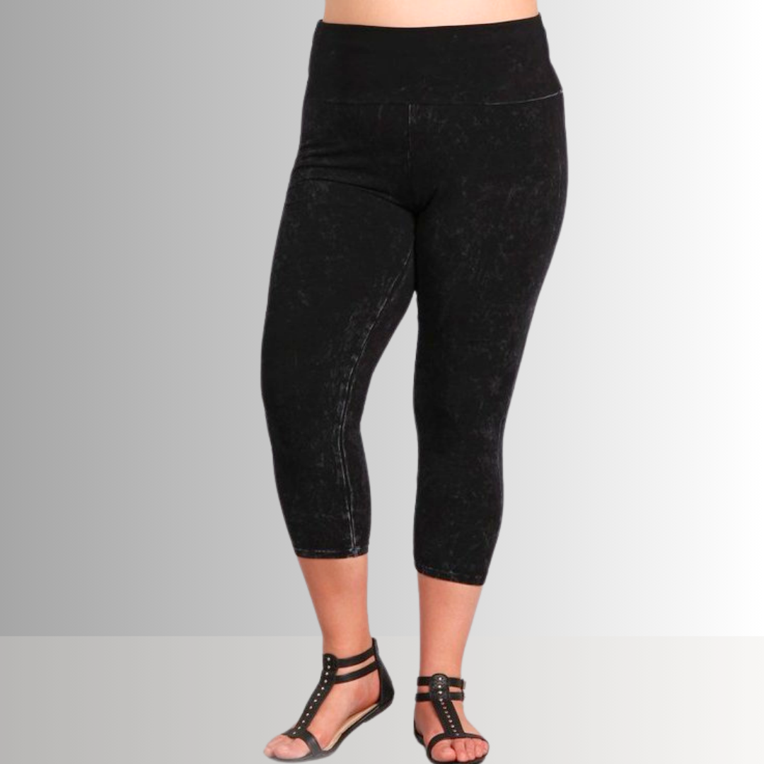 Fold Over Waist Plus Size Mineral Washed Capri Leggings Made in USA