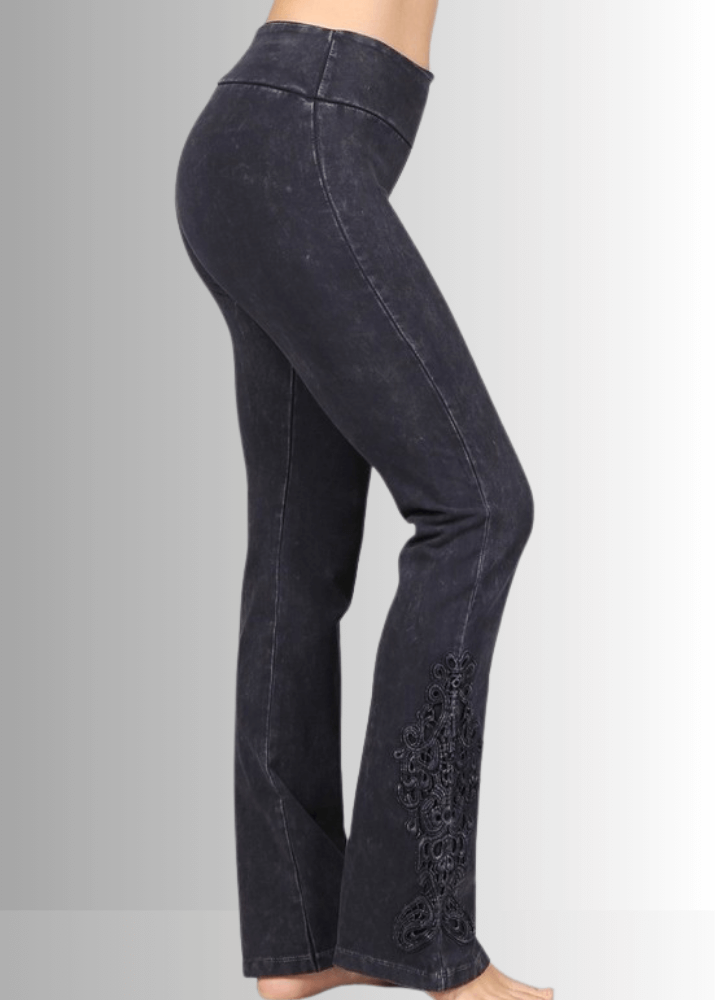 Mineral Washed Bootcut Jeggings with Crochet Detail - RFE Marketing Ventures