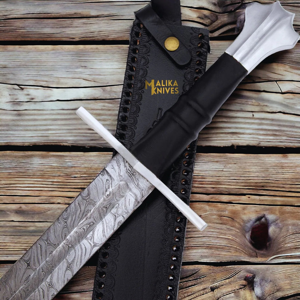 Handmade Medieval Knight Sword: Exquisite Damascus Arming Sword with Leather Sheath - RFE Marketing Ventures