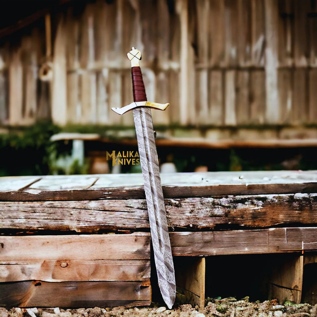 Handcrafted Damascus Crusades Sword with Leather Sheath - A Masterpiece of Historical Elegance - RFE Marketing Ventures