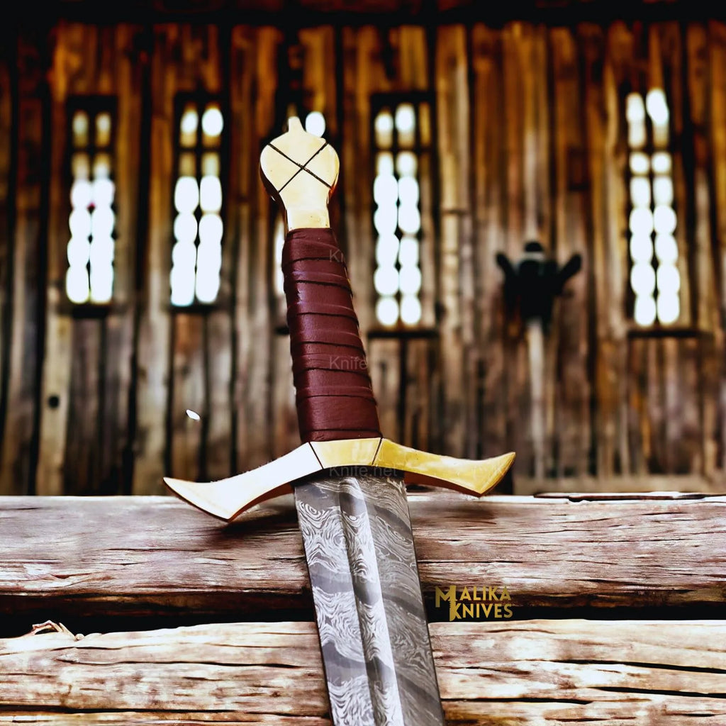 Handcrafted Damascus Crusades Sword with Leather Sheath - A Masterpiece of Historical Elegance - RFE Marketing Ventures