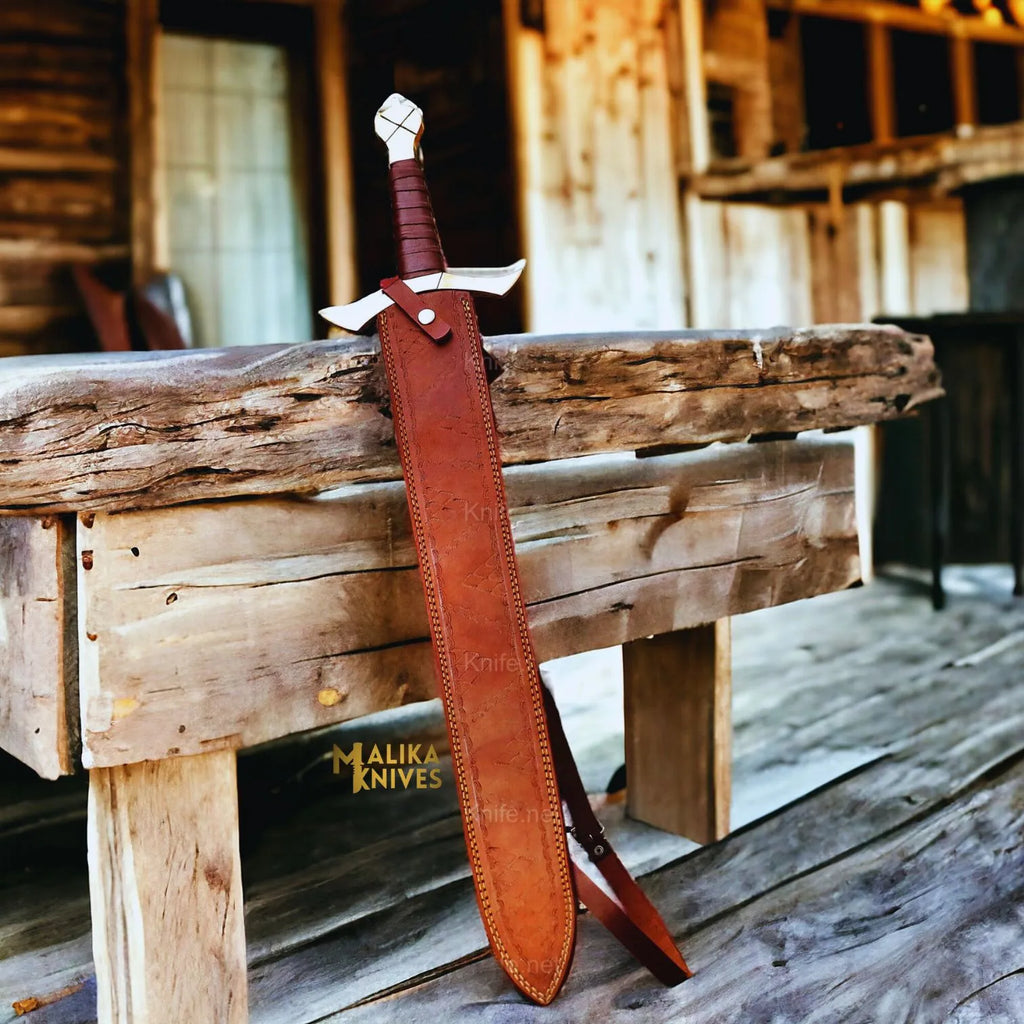 Handcrafted Damascus Crusades Sword with Leather Sheath - A Masterpiece of Historical Elegance - RFE Marketing Ventures
