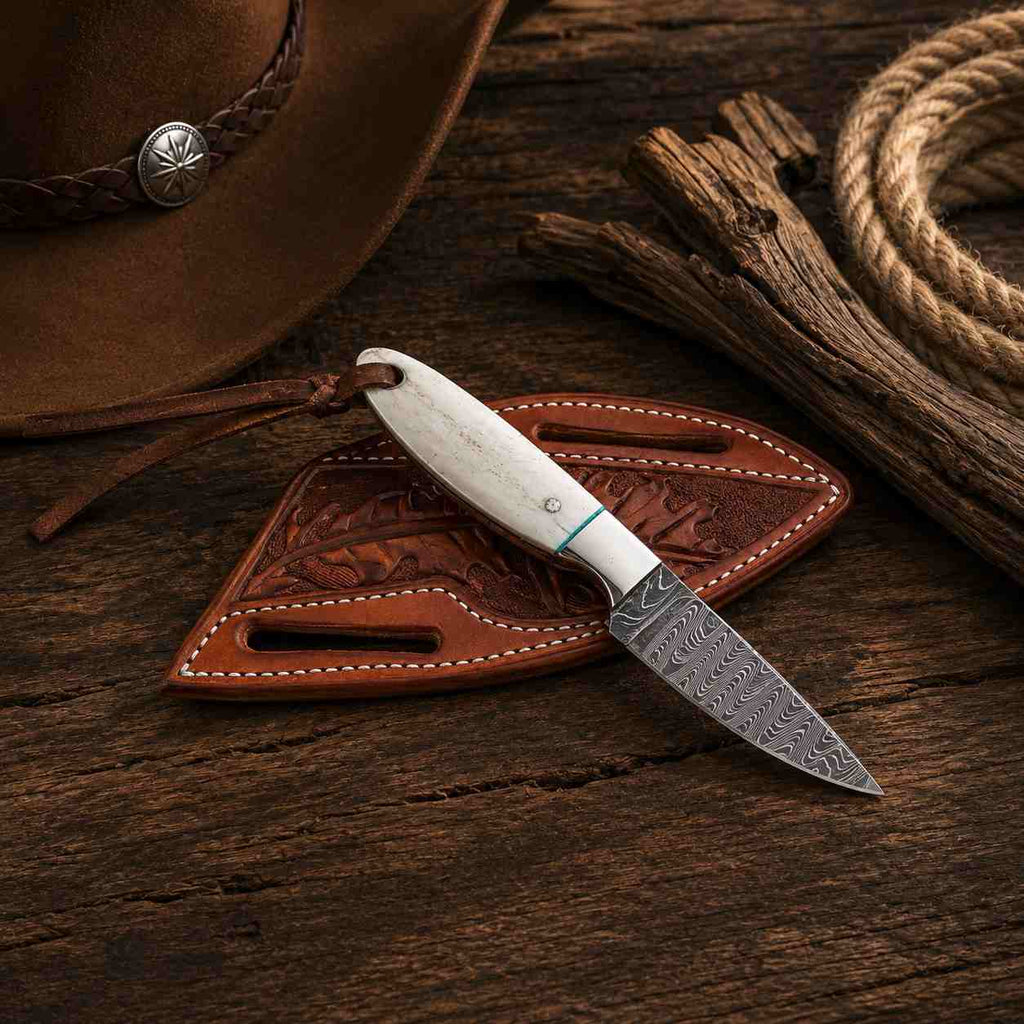 Unmatched Craftsmanship: Damascus Steel Buckaroo Knife with Camel Bone Handle - RFE Marketing Ventures