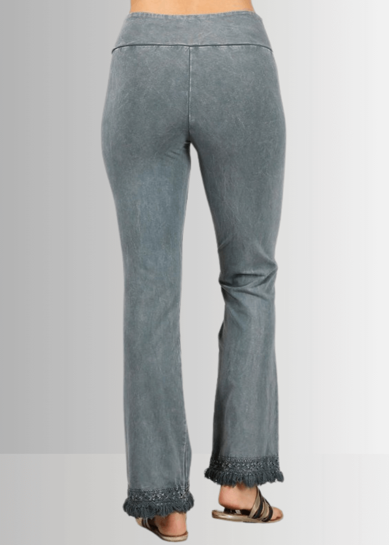 Mineral Washed Crochet Pants with Fringe Hem for Effortless Style
