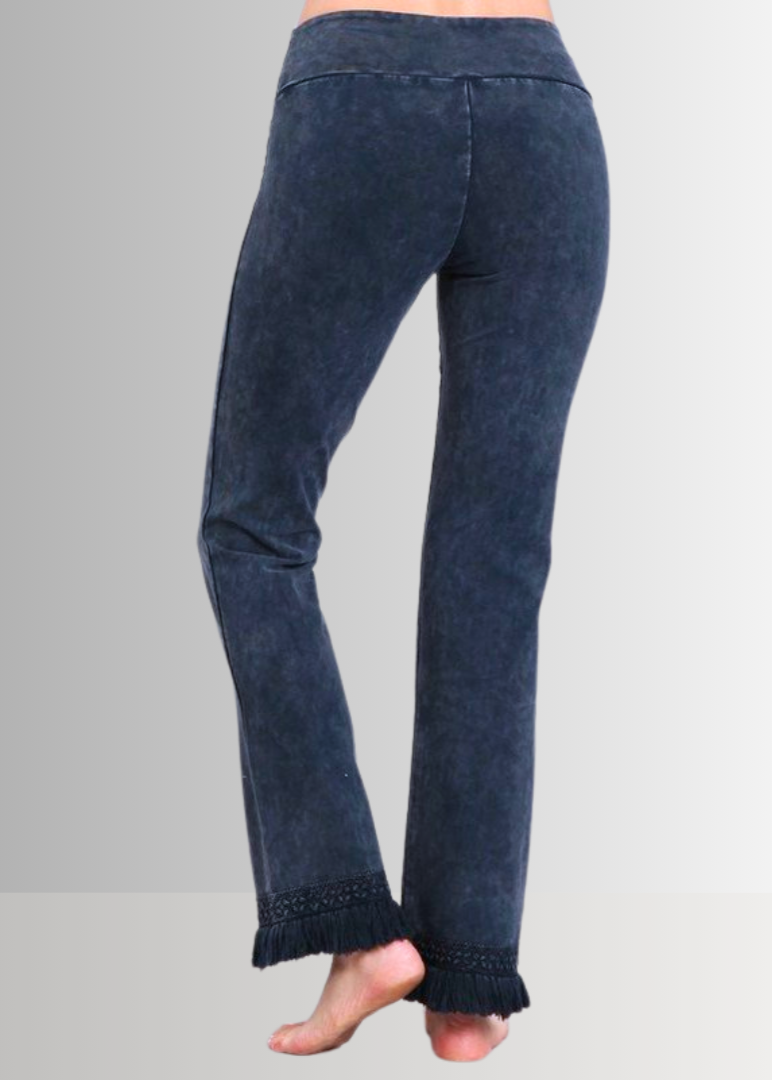 Mineral Washed Crochet Pants with Fringe Hem for Effortless Style