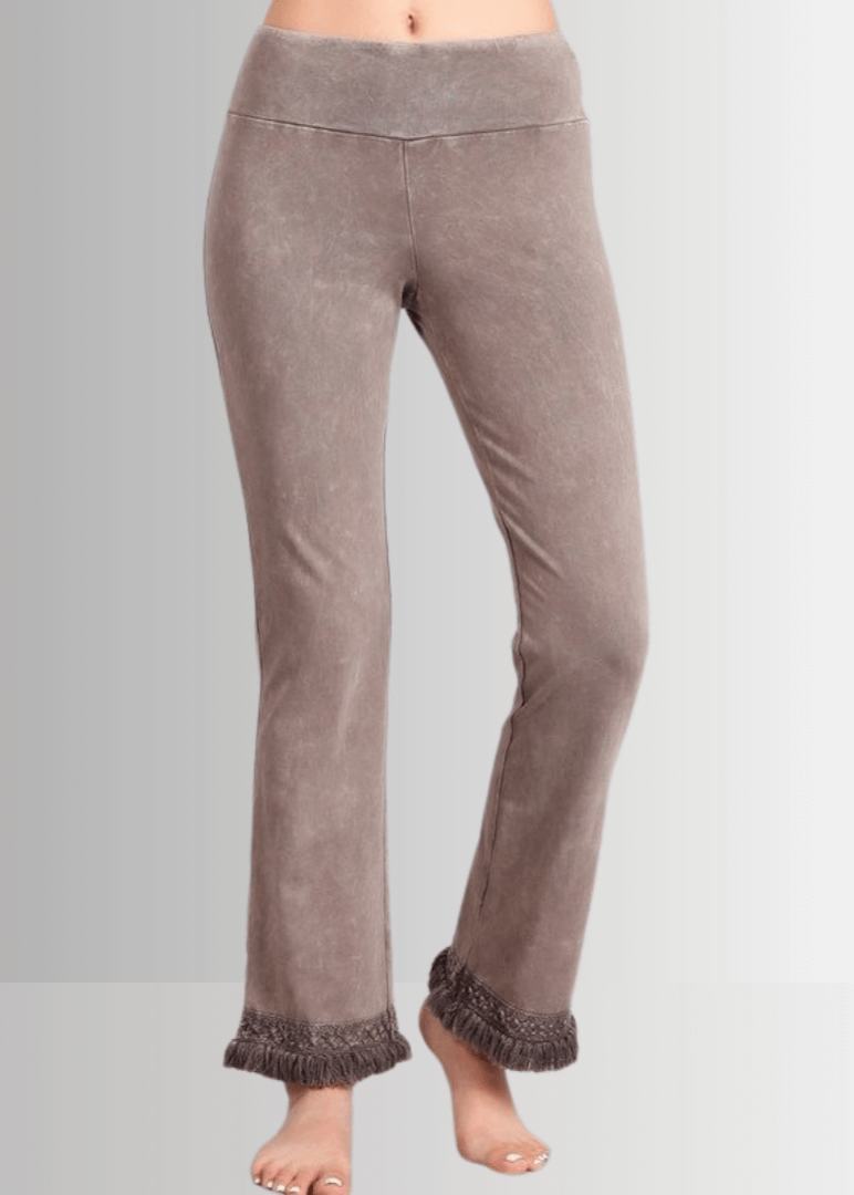 Mineral Washed Crochet Pants with Fringe Hem for Effortless Style