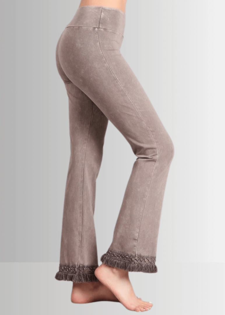 Mineral Washed Crochet Pants with Fringe Hem for Effortless Style