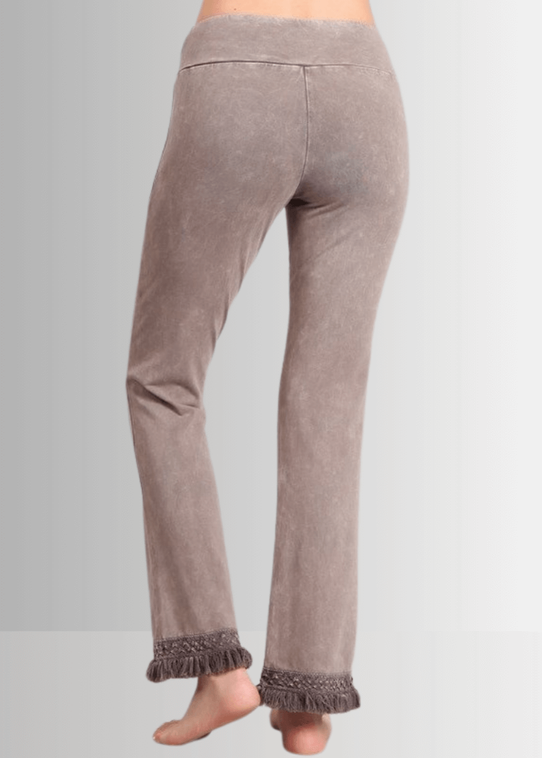 Mineral Washed Crochet Pants with Fringe Hem for Effortless Style