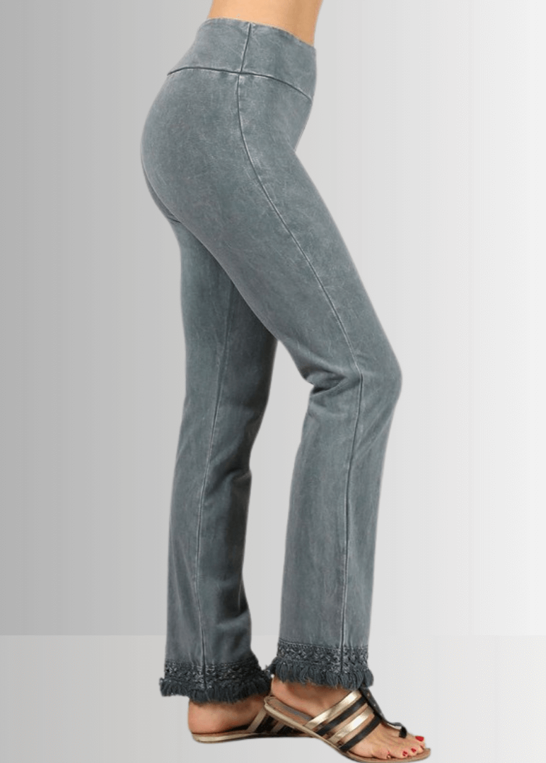 Mineral Washed Crochet Pants with Fringe Hem for Effortless Style