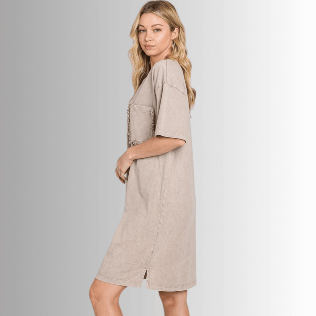 Charlee Mineral Washed Shirt Dress in Taupe for Effortless Style