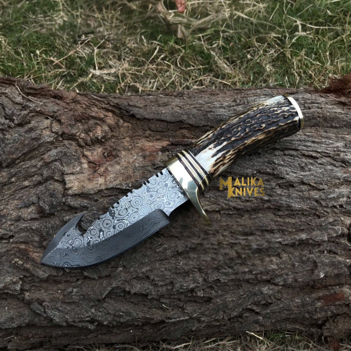 Premium Damascus Gut Hook Skinning Knife – Unique Stag Horn Handle for Hunters - RFE Marketing Ventures