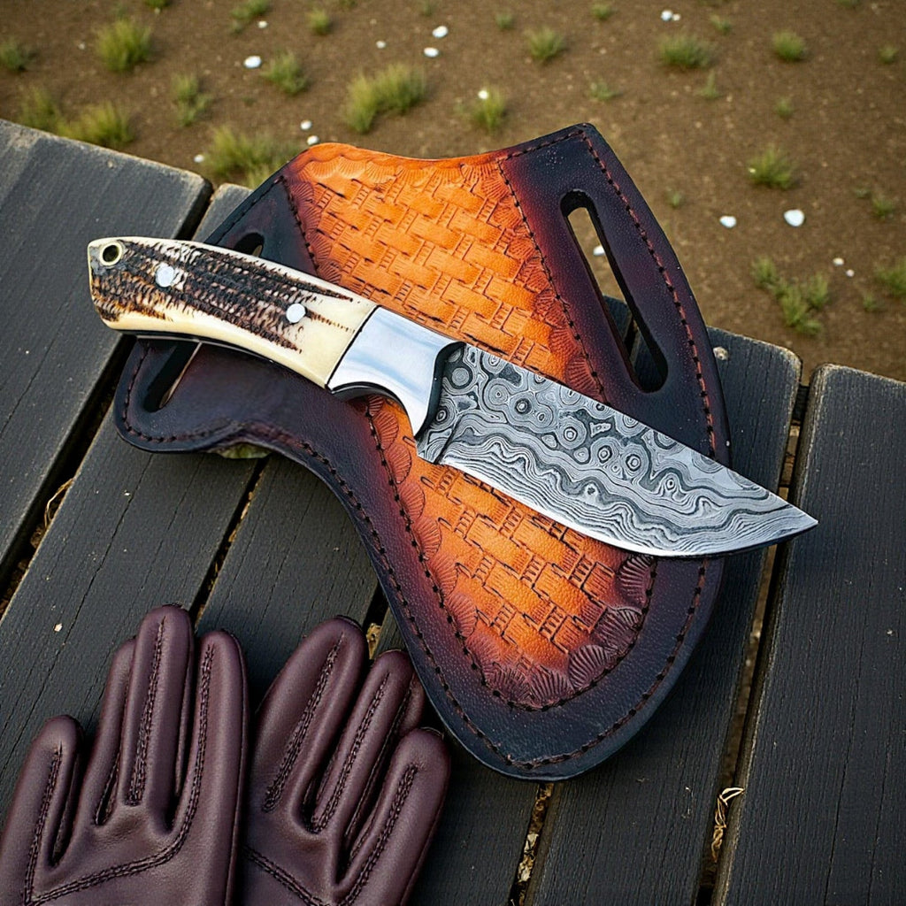 Premium Damascus Cowboy Knife with Antler Handle – Your Essential Ranch Companion - RFE Marketing Ventures