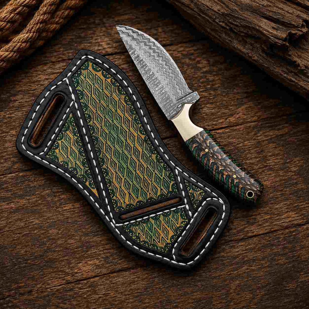 Green Pine Cone Damascus Steel Buckaroo Knife - RFE Marketing Ventures