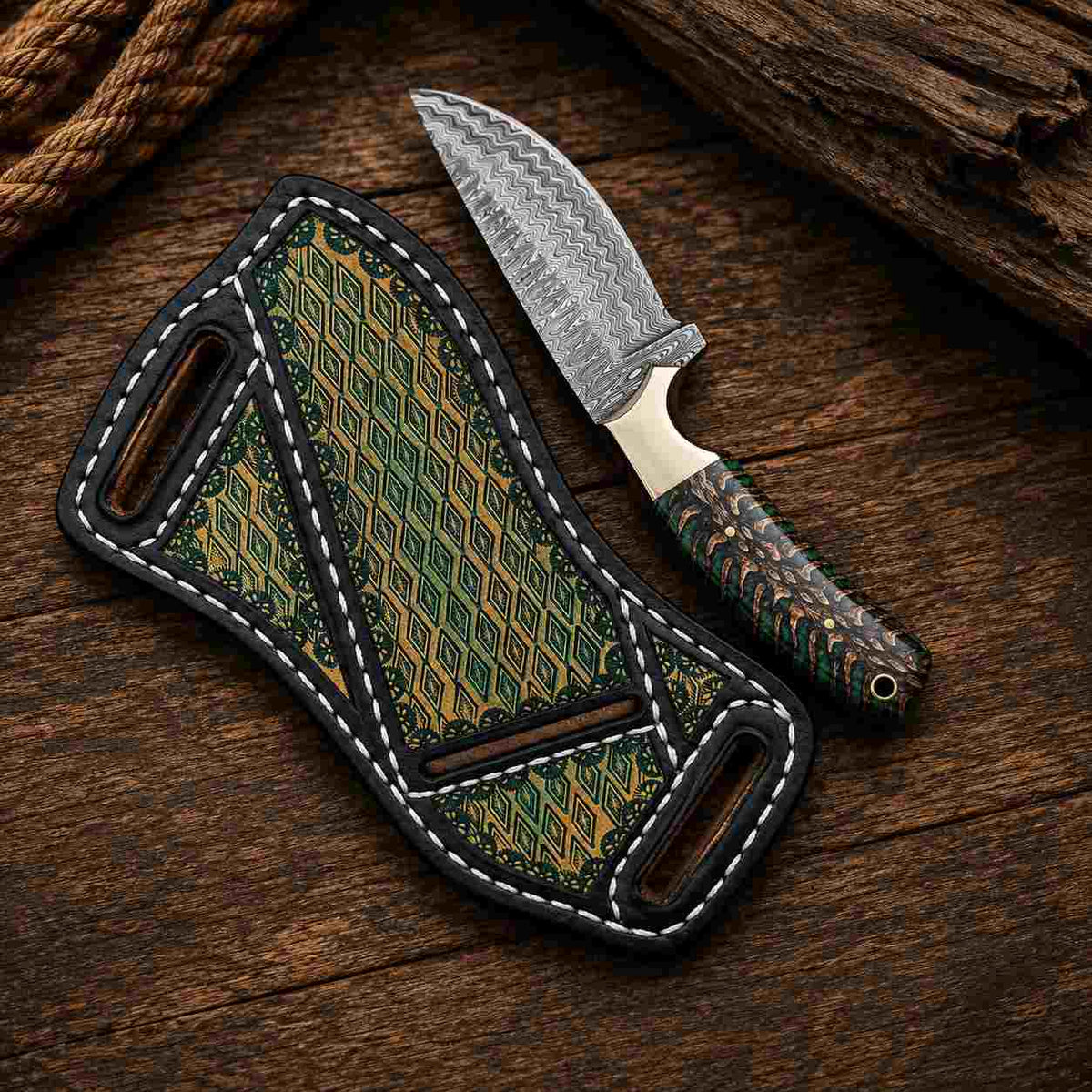 Green Pine Cone Damascus Steel Buckaroo Knife - RFE Marketing Ventures