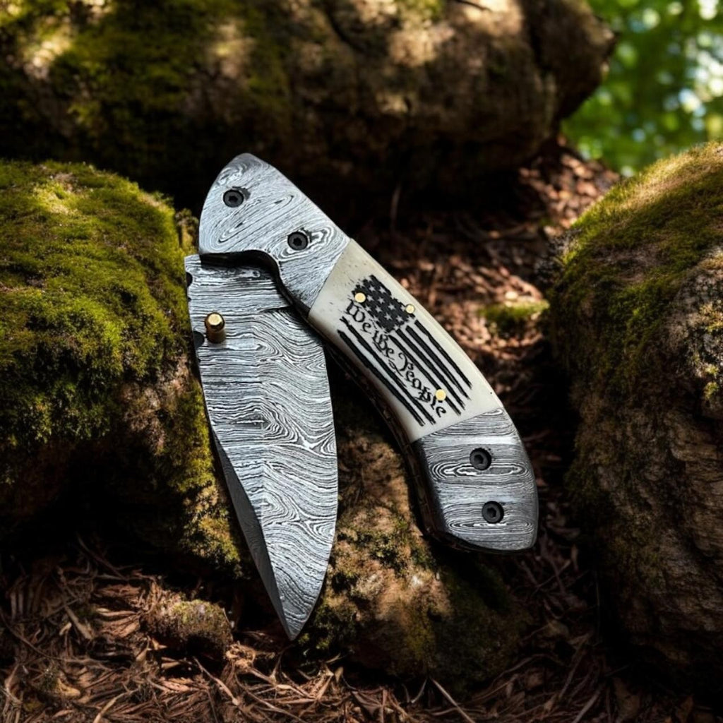Experience Freedom with the Patriotic Damascus Folding Knife – Camel Bone Handle Edition - RFE Marketing Ventures
