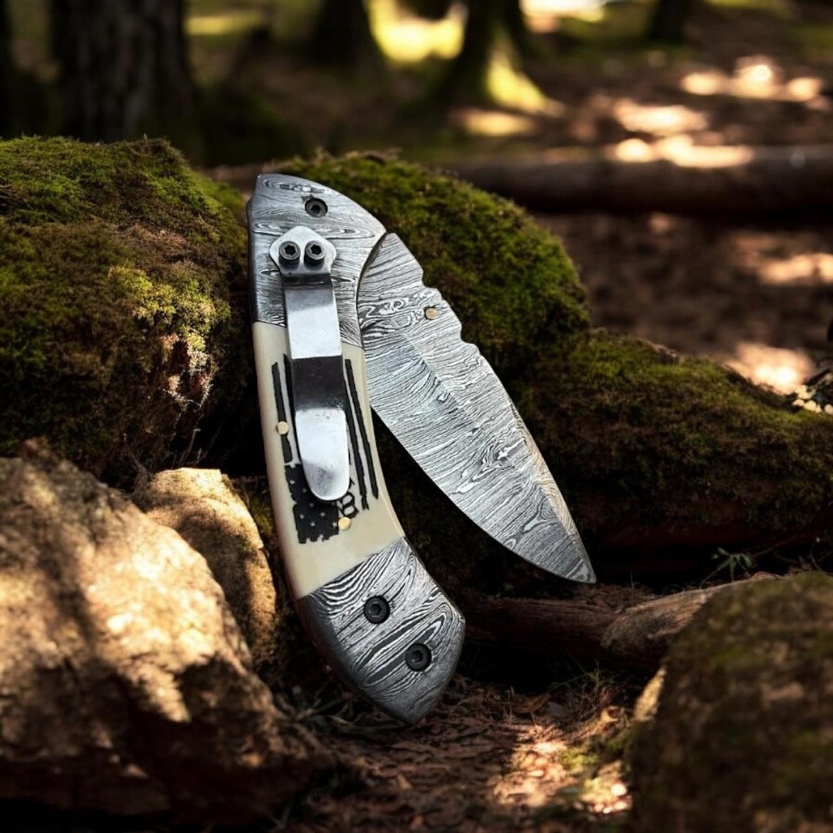 Experience Freedom with the Patriotic Damascus Folding Knife – Camel Bone Handle Edition - RFE Marketing Ventures
