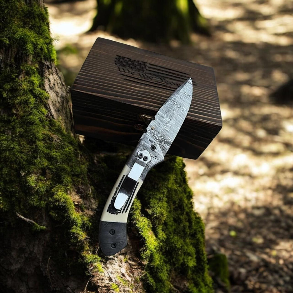 Experience Freedom with the Patriotic Damascus Folding Knife – Camel Bone Handle Edition - RFE Marketing Ventures