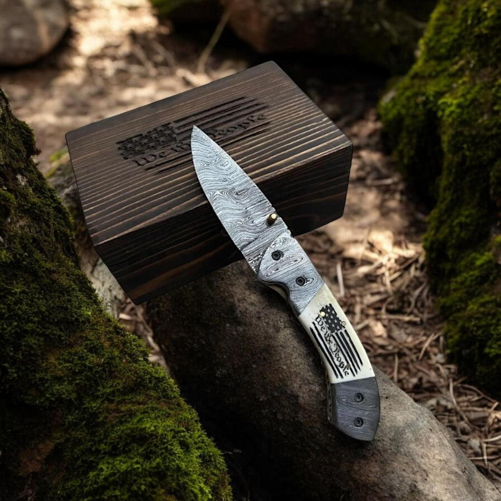 Experience Freedom with the Patriotic Damascus Folding Knife – Camel Bone Handle Edition - RFE Marketing Ventures