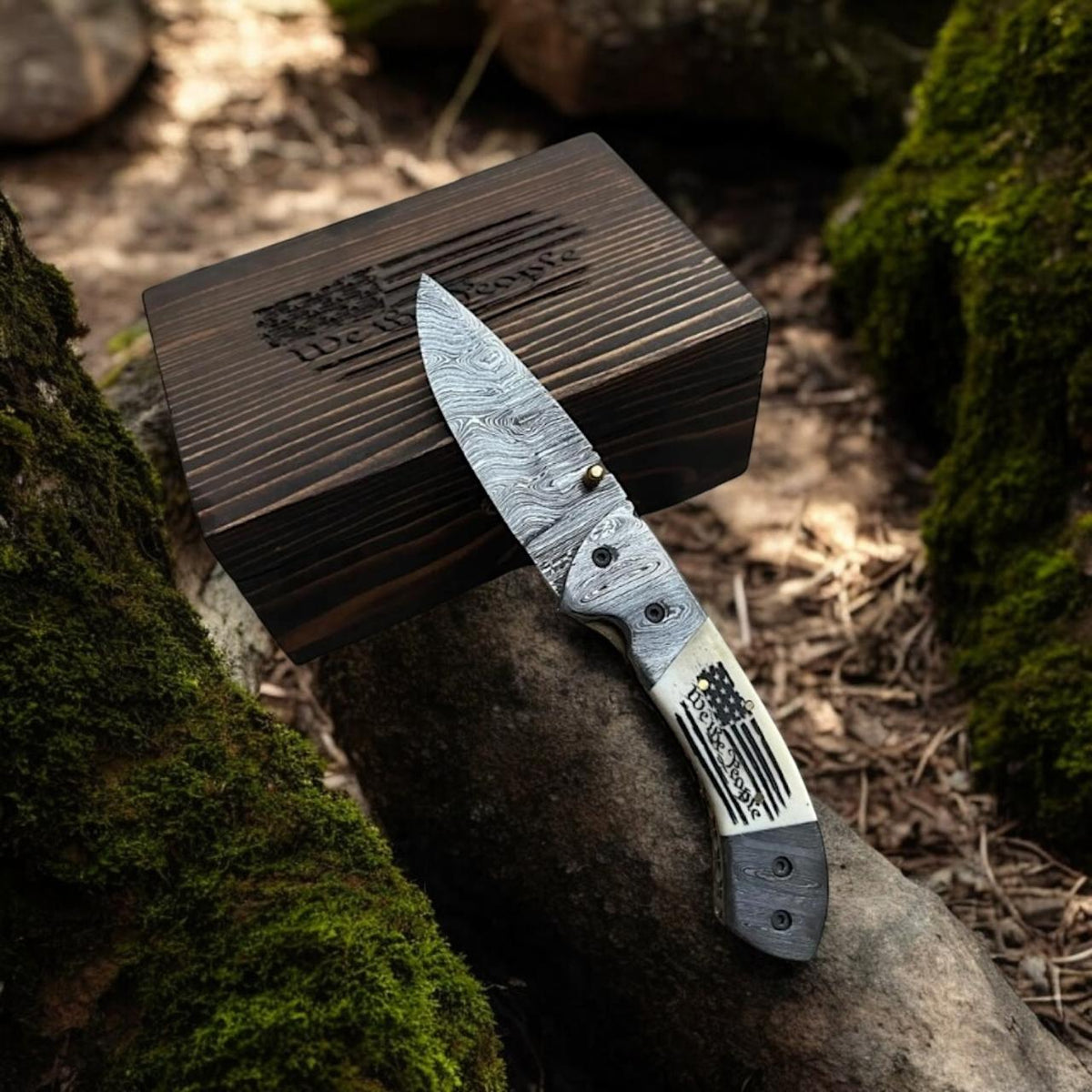 Experience Freedom with the Patriotic Damascus Folding Knife – Camel Bone Handle Edition - RFE Marketing Ventures