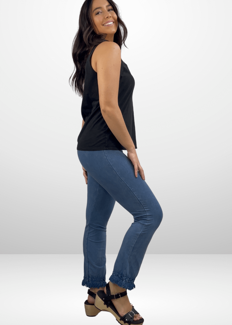 Mineral Washed Crochet Pants with Fringe Hem for Effortless Style