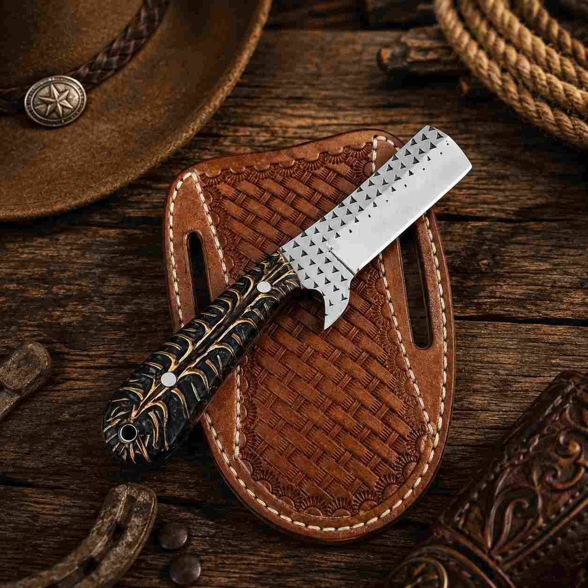 Rasp Steel Bullcutter Knife with Black Pine Cone Handle - RFE Marketing Ventures