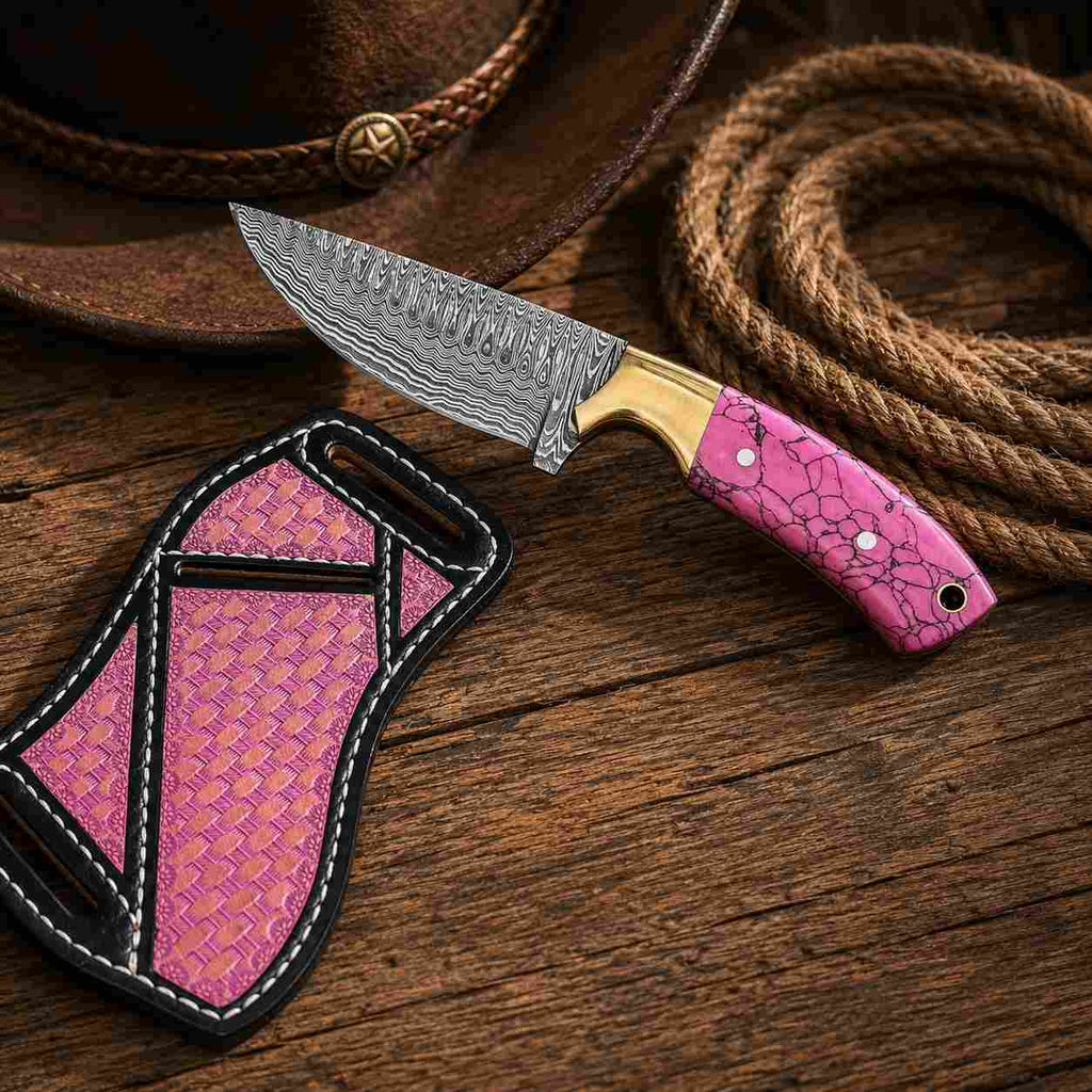 Turquoise Buckaroo Damascus Knife with Brass Bolster - RFE Marketing Ventures