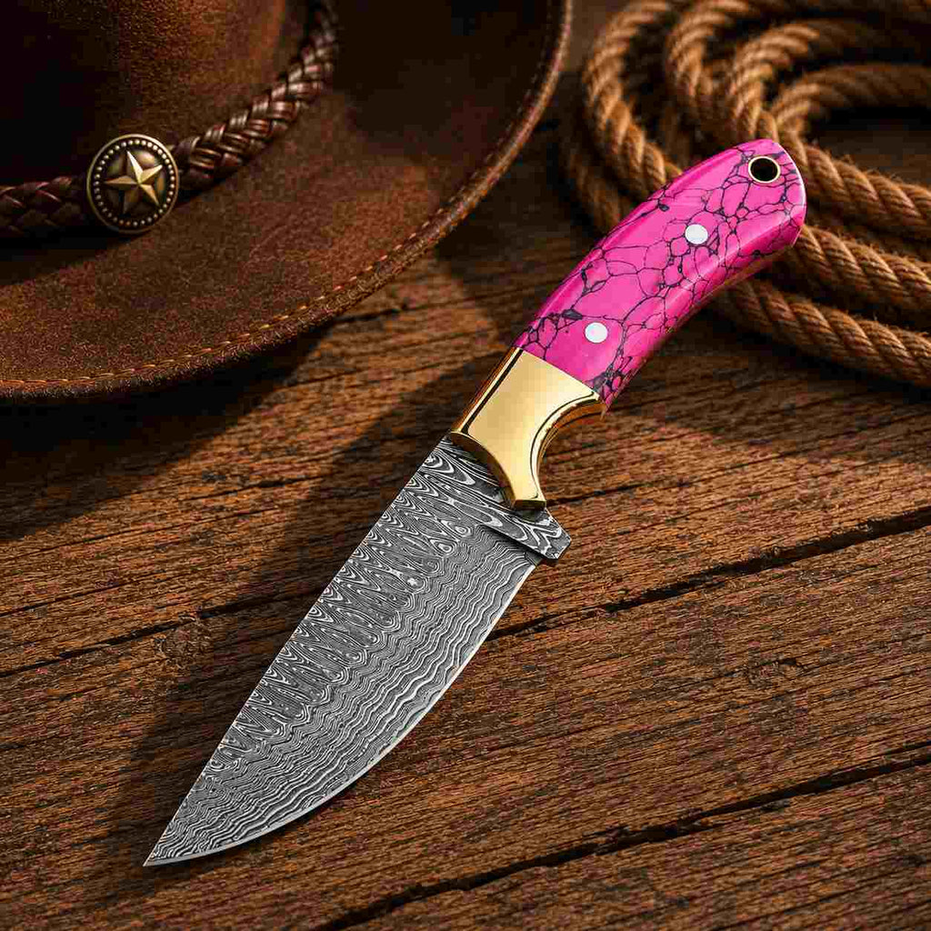 Turquoise Buckaroo Damascus Knife with Brass Bolster - RFE Marketing Ventures