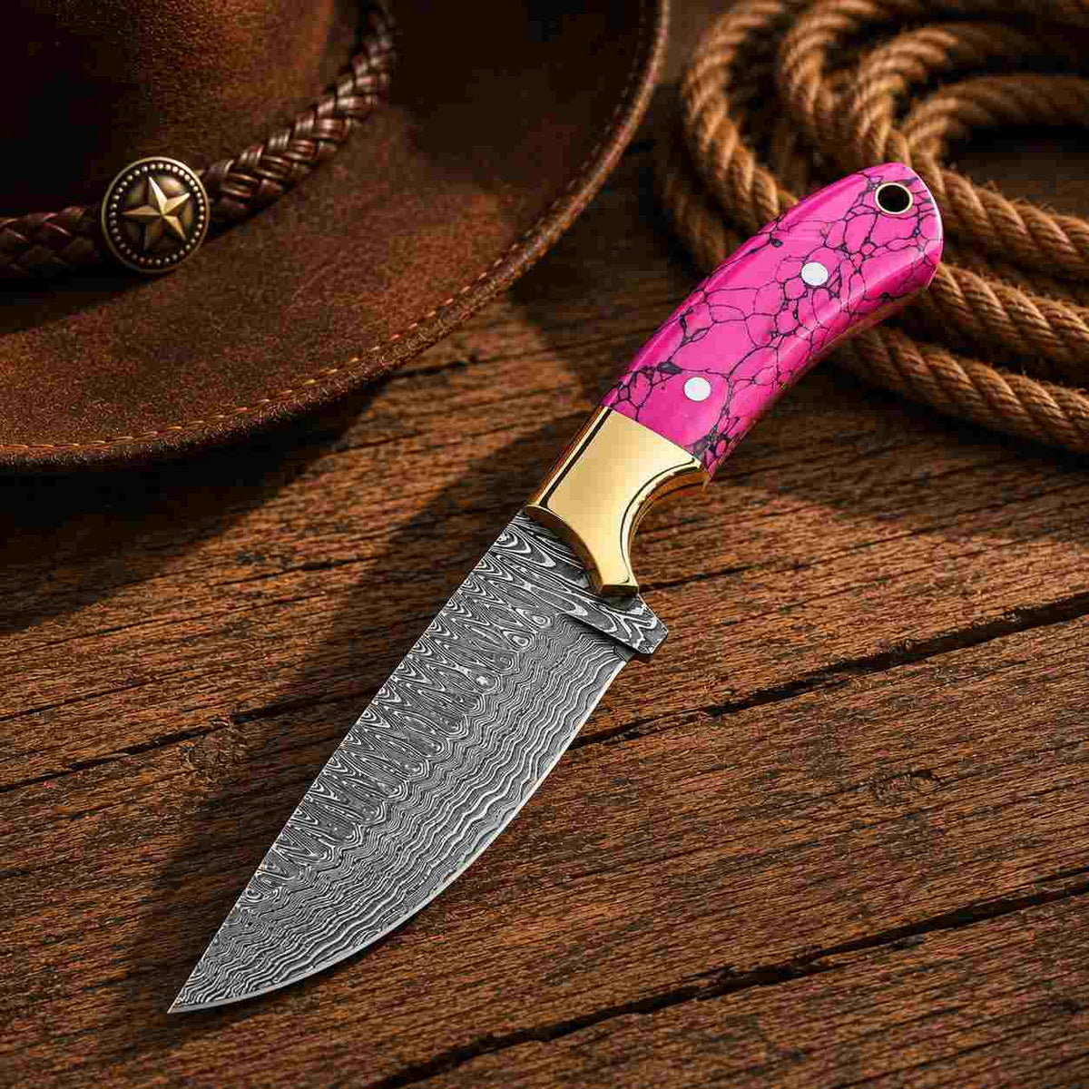 Turquoise Buckaroo Damascus Knife with Brass Bolster - RFE Marketing Ventures
