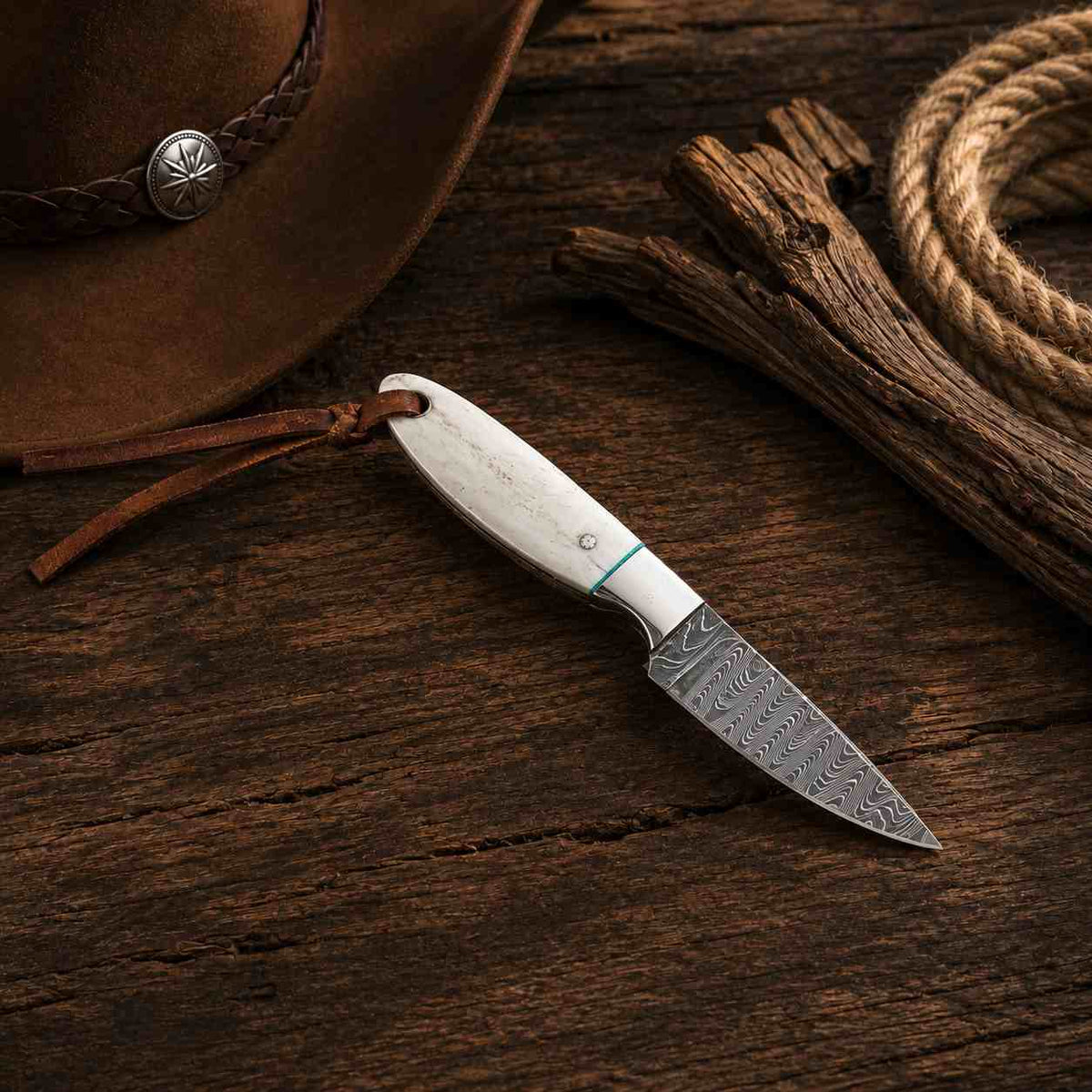 Unmatched Craftsmanship: Damascus Steel Buckaroo Knife with Camel Bone Handle - RFE Marketing Ventures
