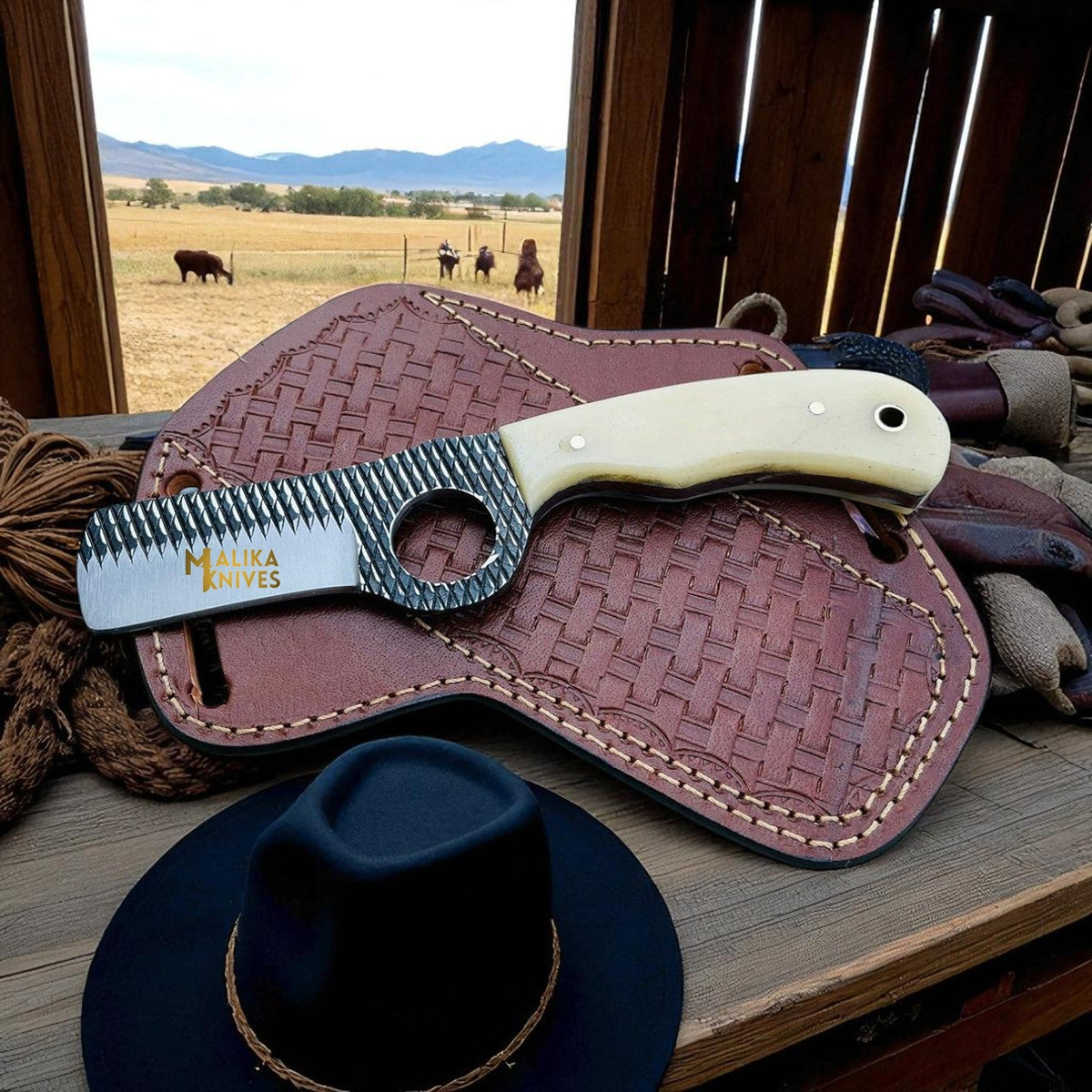 D2 Rasp Steel Bull Cutter Knife Camel Bone Handle - RFE Marketing Ventures