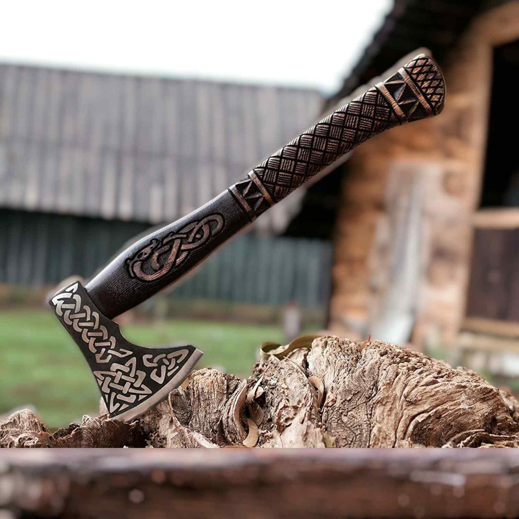 Celtic Knotwork Viking Axe: Hand-Forged Bearded Battle Axe with Carved Handle - RFE Marketing Ventures
