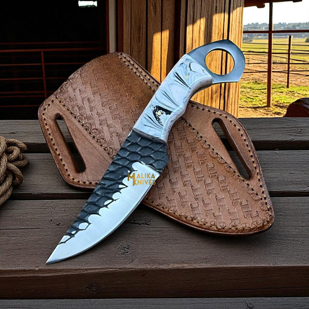 Handmade Cowboy Knife - D2 Steel Blade, Resin Handle & Pancake Sheath for Rugged Use - RFE Marketing Ventures