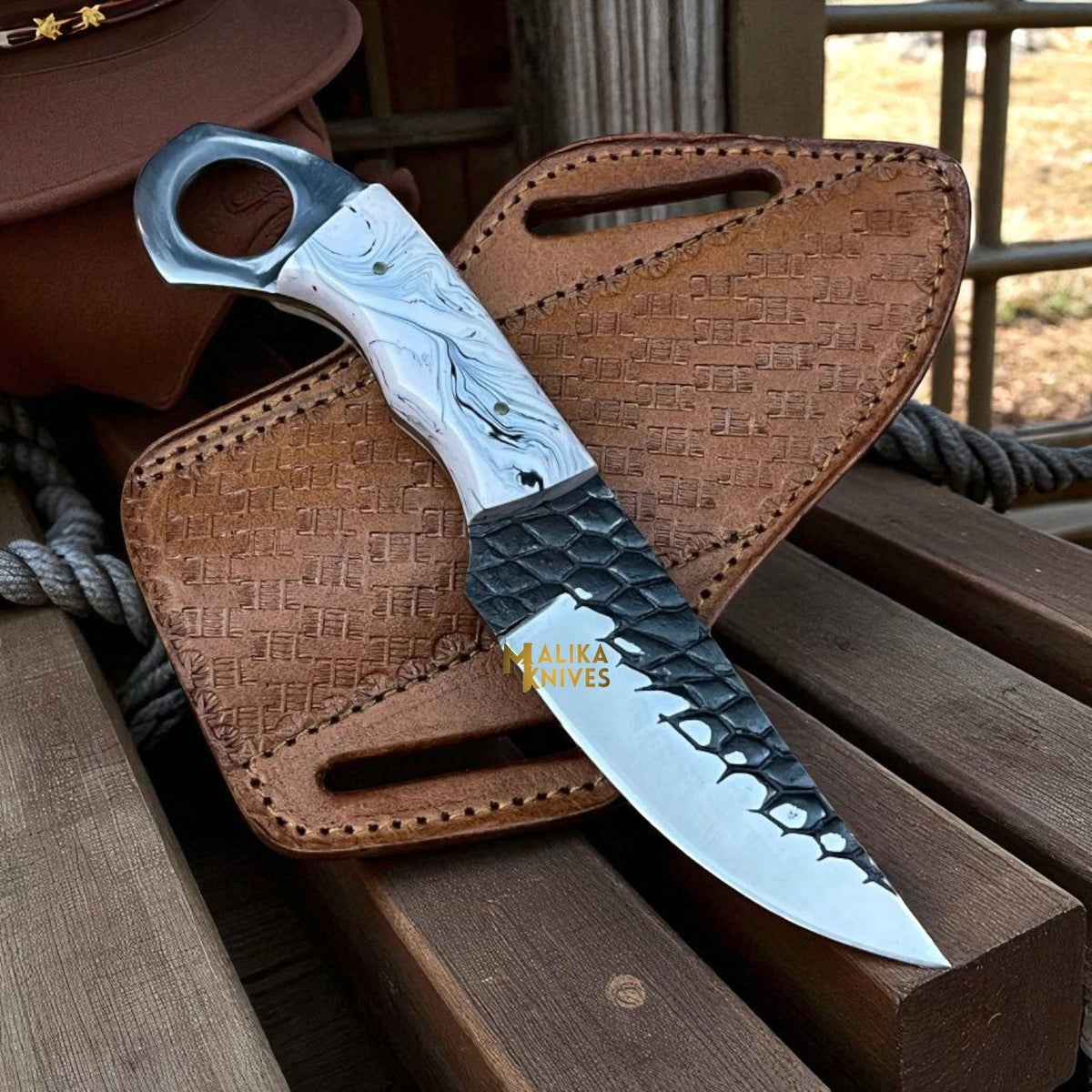 Handmade Cowboy Knife - D2 Steel Blade, Resin Handle & Pancake Sheath for Rugged Use - RFE Marketing Ventures