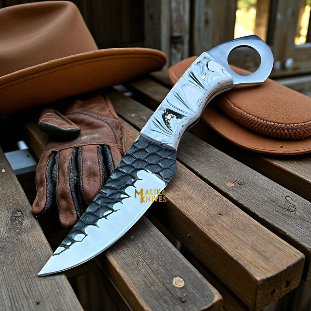 Handmade Cowboy Knife - D2 Steel Blade, Resin Handle & Pancake Sheath for Rugged Use - RFE Marketing Ventures