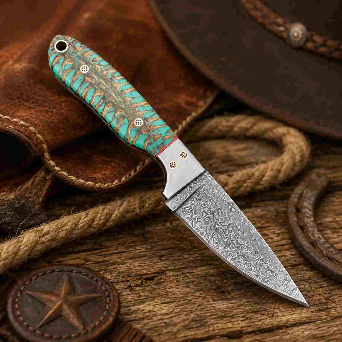 Damascus Buckaroo Knife with Pine Cone Handle & SS Masonic Bolster - RFE Marketing Ventures