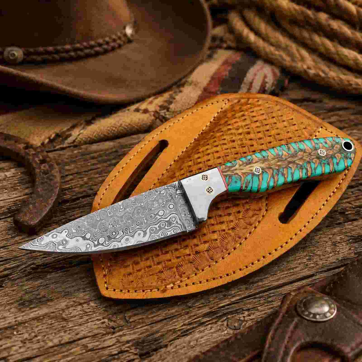 Damascus Buckaroo Knife with Pine Cone Handle & SS Masonic Bolster - RFE Marketing Ventures