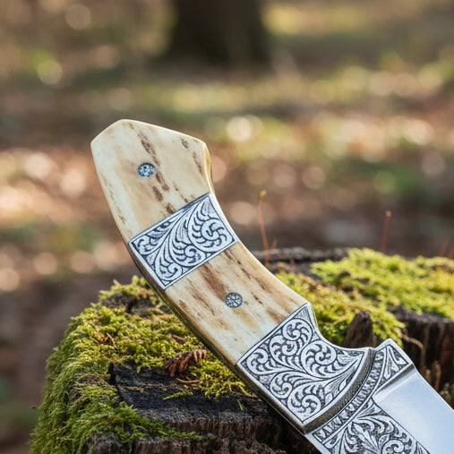 D2 Hunting Knife with Antler Handle - A Blend of Robustness and Natural Style - RFE Marketing Ventures