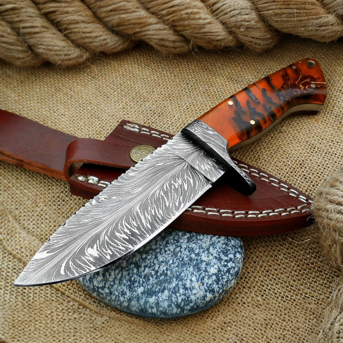 Best Deer Skinning Knife - Handcrafted Feather Damascus with Pinecone Handle - RFE Marketing Ventures