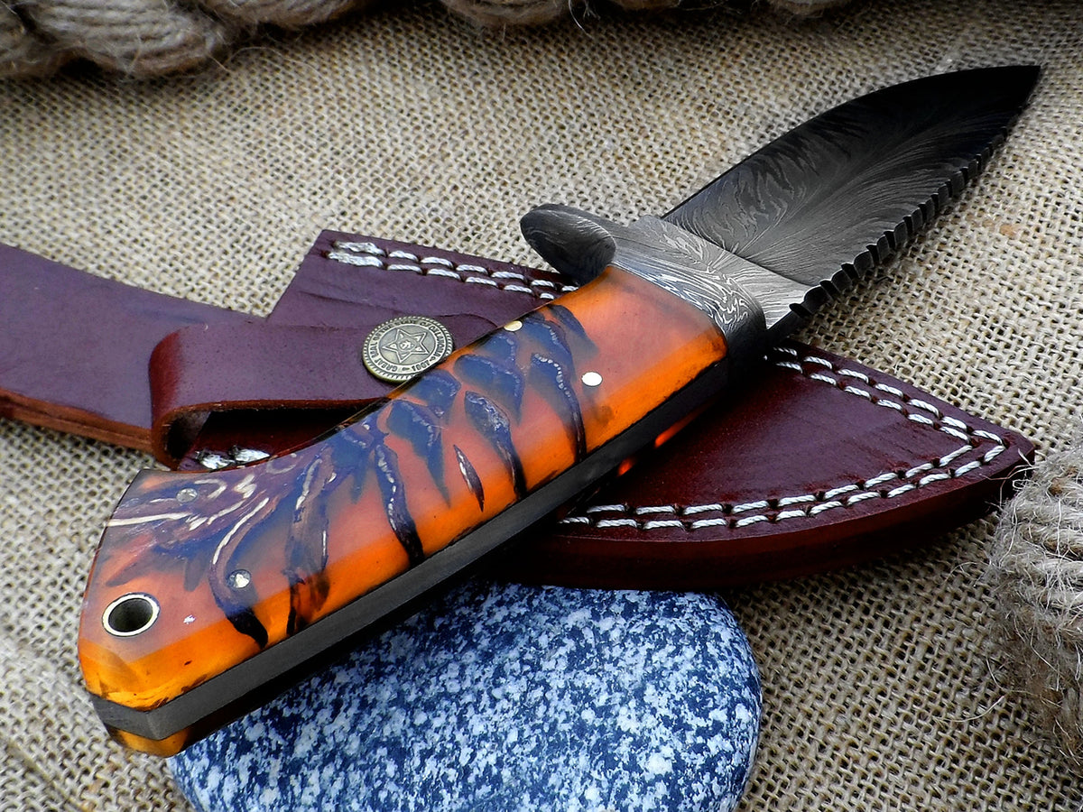 Best Deer Skinning Knife - Handcrafted Feather Damascus with Pinecone Handle - RFE Marketing Ventures