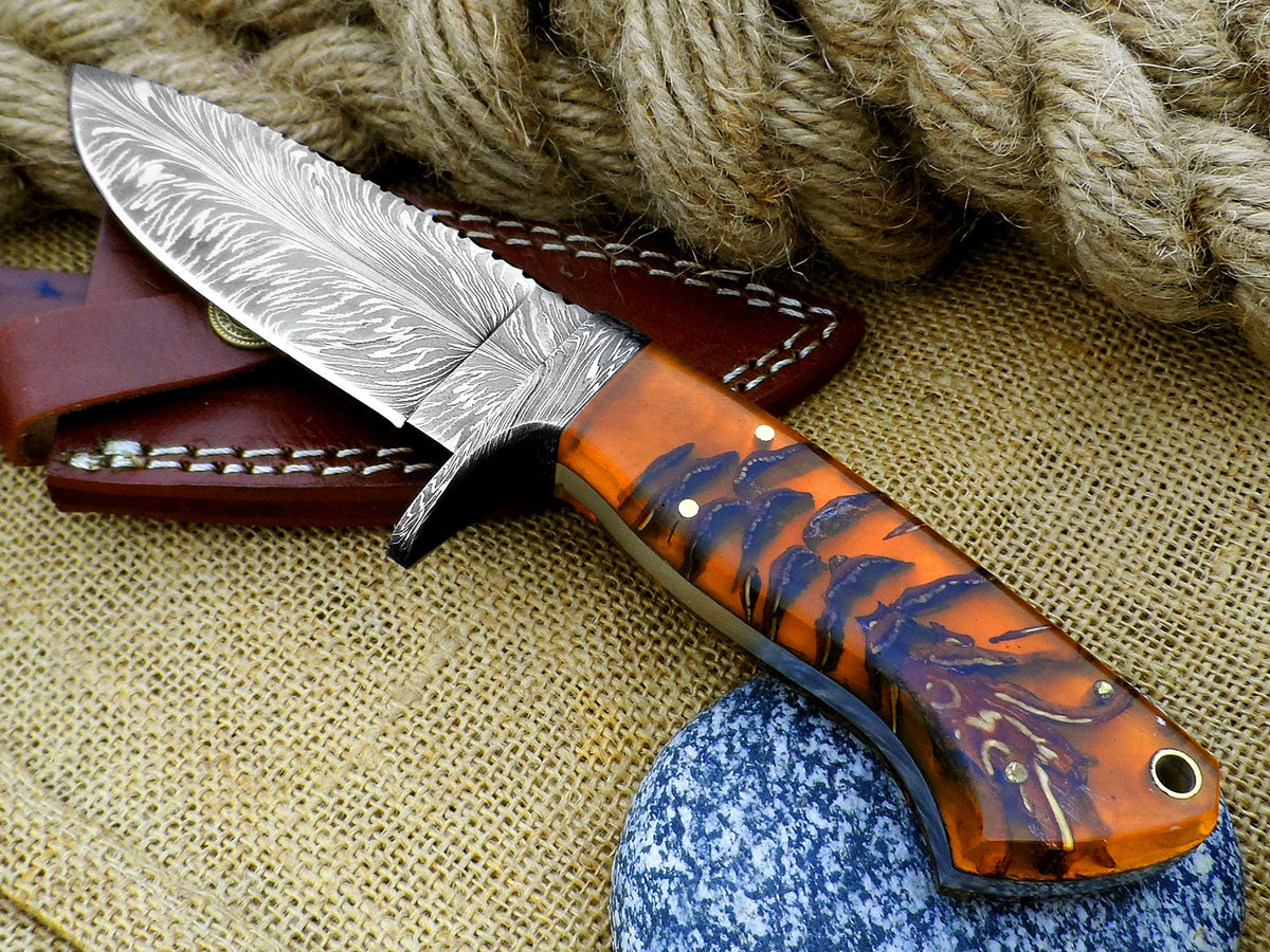 Best Deer Skinning Knife - Handcrafted Feather Damascus with Pinecone Handle - RFE Marketing Ventures