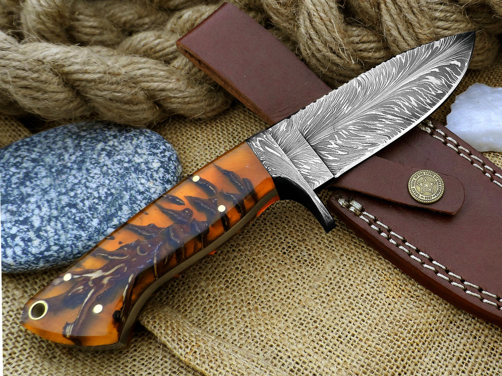 Best Deer Skinning Knife - Handcrafted Feather Damascus with Pinecone Handle - RFE Marketing Ventures